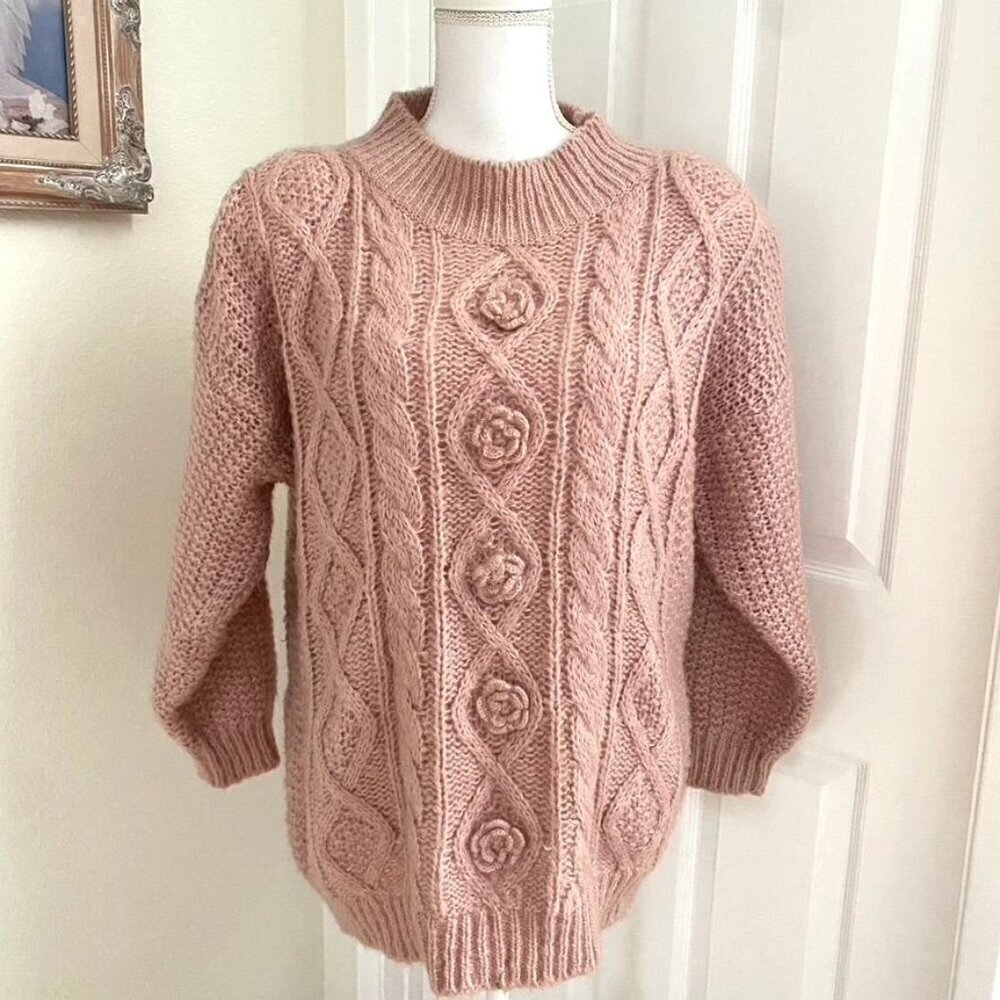 Vintage 80's Adolfo Pink Oversized Cable Rosette Size Med Sweater Shoulder Pads